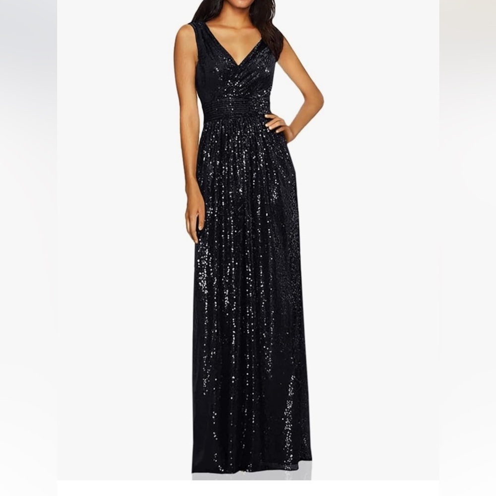 Kate Kasin Black Long V-Neck Dress Sequined Sparkly Bridesmaid Dress Sz 6 Goth